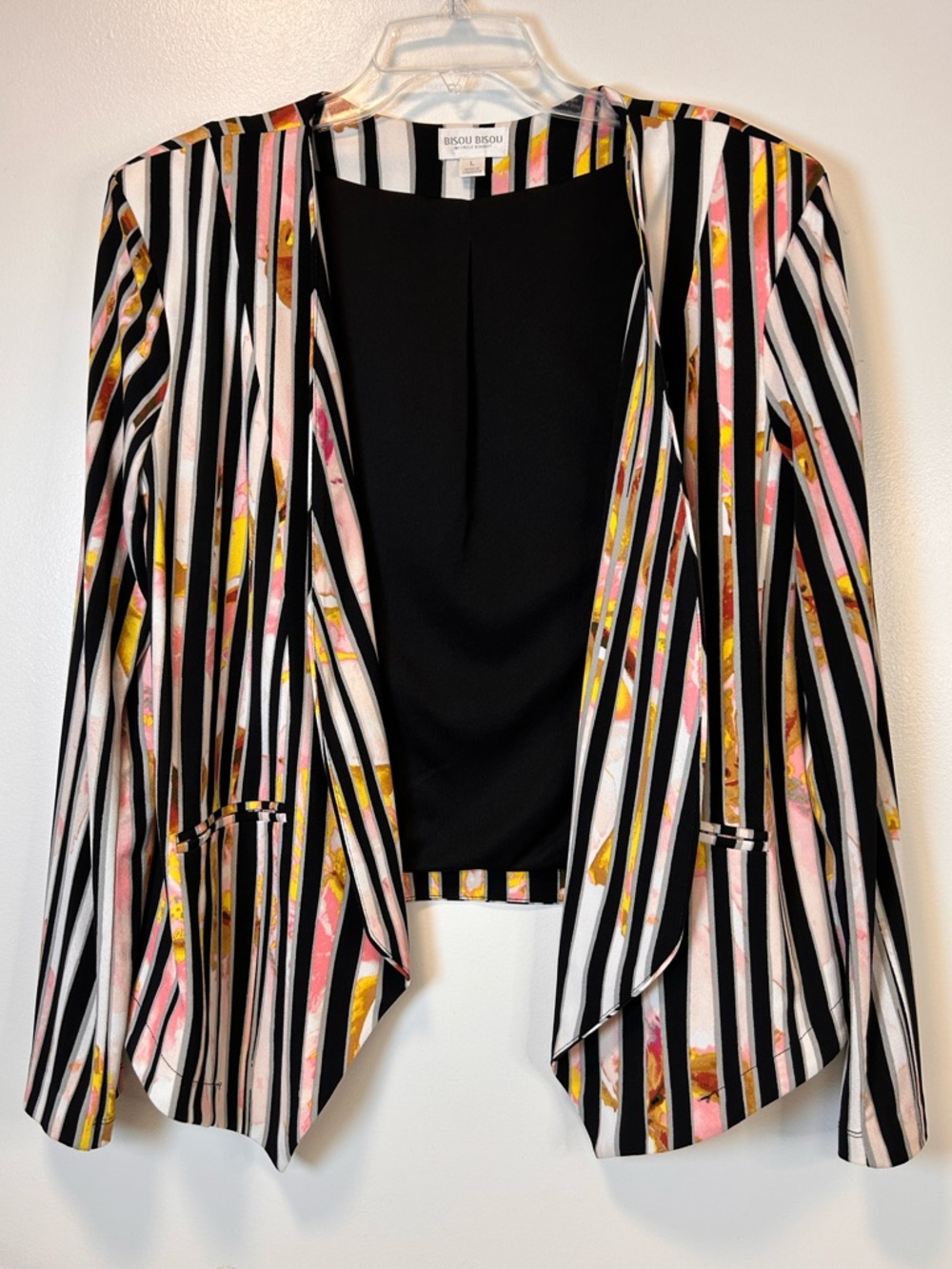 Bisou Bisou Black Stripe with Floral Accent Open-Front Blazer Women’s Large